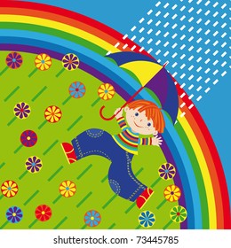 The boy with a umbrella runs under a rain on a blossoming meadow on a background of a rainbow