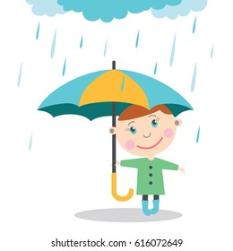 Boy with umbrella standing under the rain. Vector Illustration
