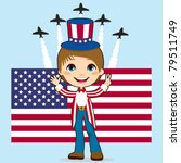 Boy with Uncle Sam costume celebrating United States of America Independence Day in front of Stars and Stripes flag and jet fighter air show