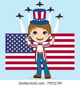 Boy with Uncle Sam costume celebrating United States of America Independence Day in front of Stars and Stripes flag and jet fighter air show