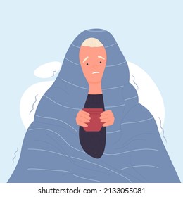 Boy under blanket having shiver. Sick shivering young boy with cup of hot drink flat cartoon vector illustration