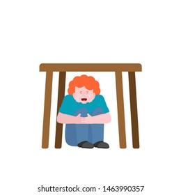 Boy is under table. Baby scared. Vector illustration