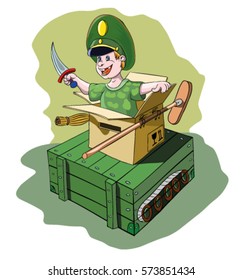 Boy in uniform playing in a homemade tank.