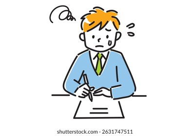 A boy in uniform struggling with a test