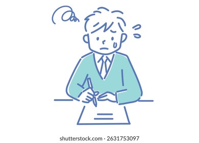 A boy in uniform struggling with a test