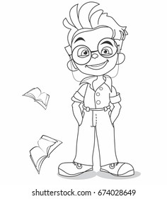 Boy, untidy, harmful, cheerful, emotion, smile, schoolboy, books scattered, bad student