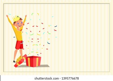 Boy unwrapping present flat vector illustration. Little child in crown cartoon character. Birthday background with copyspace. Happy kid with open gift box. B day party celebration, childhood event