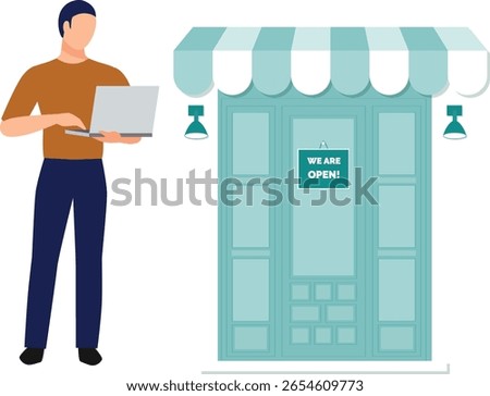 A boy updates online store status, uploading new products with care. His screen displays activity charts, confirming orders with satisfaction, ensuring timely delivery and customer happiness.