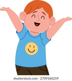 Boy with uplifted arms, smiling face, flat shading and clean outlines. Child cheering with open hands, rounded shapes, bold lines and soft gradients. Cartoon vector illustration