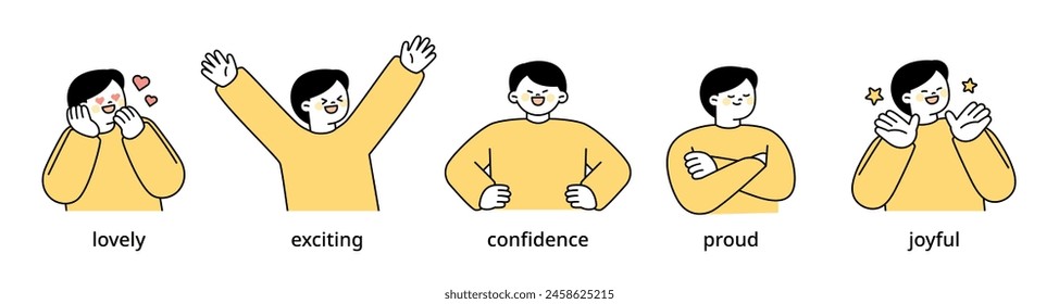 Carácter de la parte superior del cuerpo del niño que expresa 5 emociones diferentes - Set 2. Ilustración vectorial de contorno simple.