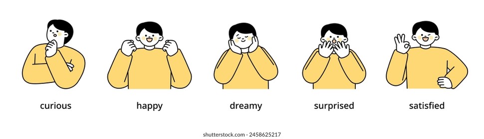 Boy upper body character expressing 5 different emotions - Set 1. Simple outline vector illustration.