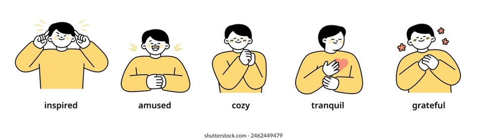 Boy upper body character expressing 5 different emotions - Set 5. Simple outline vector illustration.