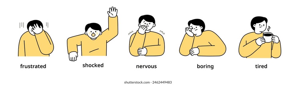 Boy upper body character expressing 5 different emotions - Set 6. Simple outline vector illustration.