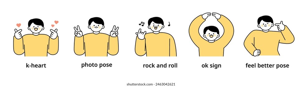 Boy upper body character expressing 5 different emotions - Set 9. Simple outline vector illustration.