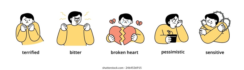 Boy upper body character expressing 5 different emotions - Set 12. Simple outline vector illustration.