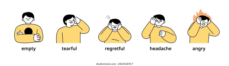 Boy upper body character expressing 5 different emotions - Set 11. Simple outline vector illustration.