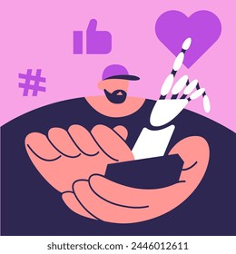 Boy use app with Artificial intelligence in social networks, marketing tools based on artificial intelligence, intelligent interface. Flat vector illustration.