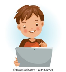 Boy use a computer. Children are using a notebook computer. Technology concepts for education. Cartoon vector illustration isolated on a white background.