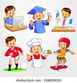 Boy use computer, graduation, boy, scientist, soccer boy, football, chef, young chef, skateboard.