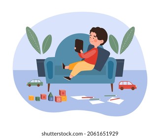 Boy use tablet concept. Child indifferent to toys. Character lying on couch and playing digital games on modern device. Technology development. Cartoon flat vector illustration on white background