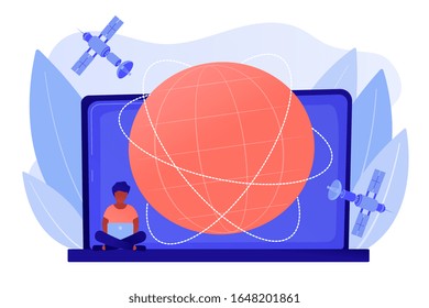 Boy use wireless Internet, teenager pastime, freelance job. Global web connection, global network communication, satellite navigation system concept. Pinkish coral bluevector isolated illustration