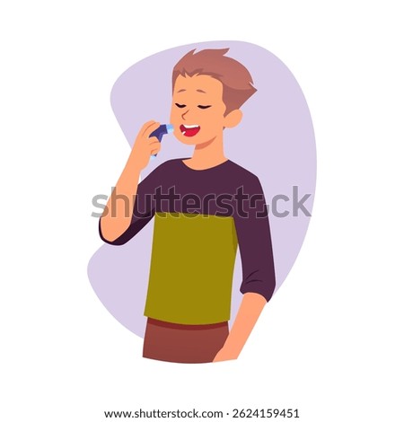 Boy uses an asthma inhaler. Bronchial Asthma, Allergy disease oral spray medicine, aerosol drug treatment. Vector flat illustration isolated on decorative background