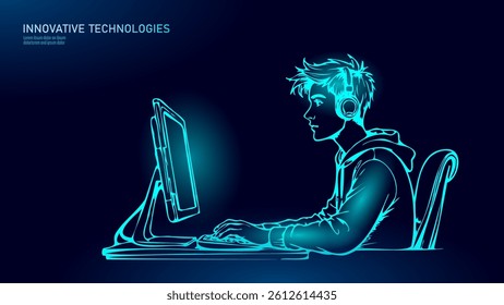  Boy uses computer headphones. He sits focused typing coding. Suitable web development education games. Isolated sketch monochrome vector illustration