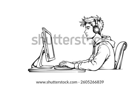 Boy uses computer headphones. He sits focused typing coding. Suitable web development education games. Isolated sketch monochrome vector illustration