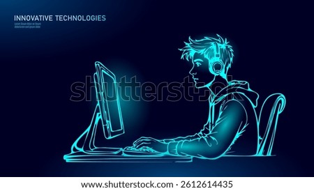  Boy uses computer headphones. He sits focused typing coding. Suitable web development education games. Isolated sketch monochrome vector illustration
