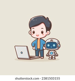 Boy uses a laptop computer with artificial intelligence and machine learning to make a robot vector illustration education concept