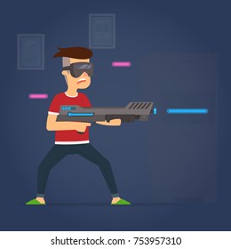 The boy uses virtual reality glasses to play active games. vector illustration.