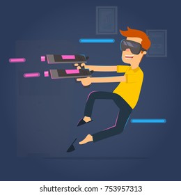 The boy uses virtual reality glasses to play active games. vector illustration.