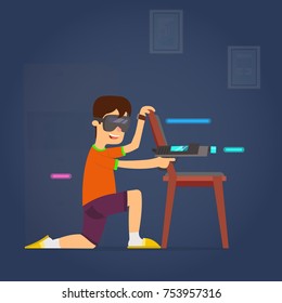 The boy uses virtual reality glasses to play active games. vector illustration.