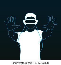 Boy using augmented virtual reality machine line art illustration
