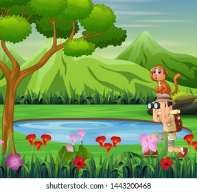 Boy using binoculars with a monkey near the small pond