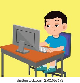 Boy Using Computer Vector, Cartoon Kid With Computer Illustration