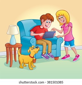 Boy Using Digital Tablet with Girl and Dog