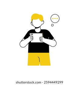 Boy using his gadget to have online conversation vector illustration.