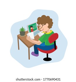 Boy using laptop for doing homework and learning online at home, flat vector illustration