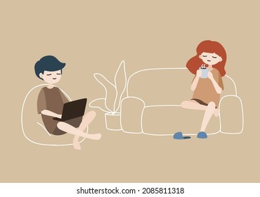 Boy using laptop and girl drinking coffee. Couple relaxing at home. Hand drawn vector illustrations.