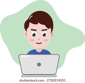 Boy using laptop illustration. Person smiling while working on laptop.