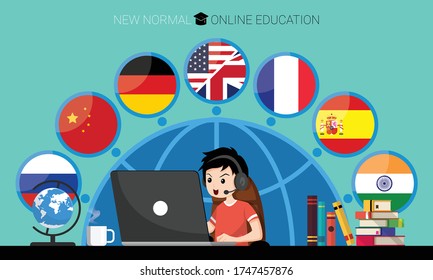 Boy using laptop for online education e-learning Languages at home for prevention from coronavirus outbreak. Vector of new behavior after Covid-19 pandemic