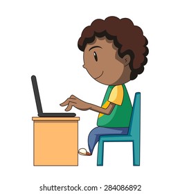 Boy using laptop, vector illustration