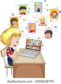 A boy using laptop for video call with friend on white background illustration