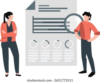 Um menino, usando uma lupa, meticulosamente aponta erros no trabalho de uma menina. Seu escrutínio focado destaca correções necessárias, enfatizando precisão e observação.