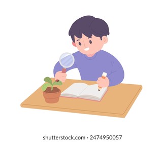 Boy using magnifying glass to look at insect on plant and writing. Concept of homework, studying, learning, discovering, exploration, biology subject, Entomology. Flat vector illustration character.