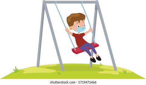 A boy using medical mask while playing on a swing illustration