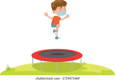 A boy using medical mask while jumping on a trampoline illustration