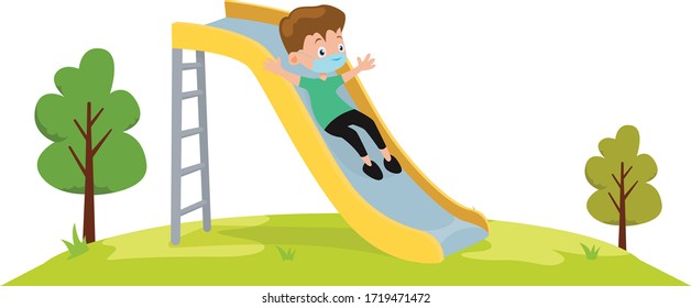 Un niño que usa una máscara médica mientras juega en una ilustración de diapositiva