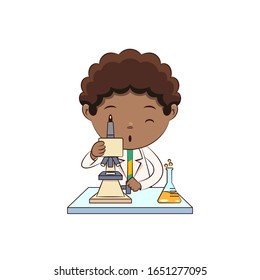 Boy using microscope, scientist cute child